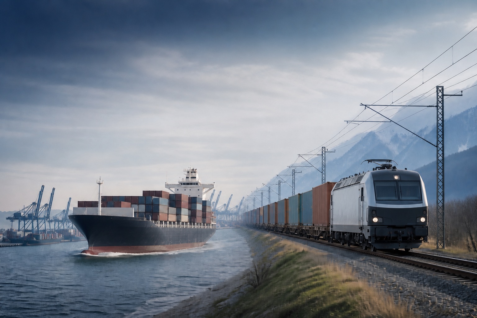 Container vessel and container freight train in operation
